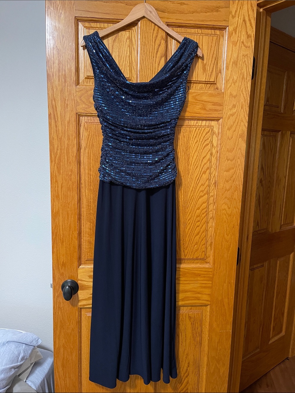 R&M Richards Navy Sequin Draped Maxi Dress